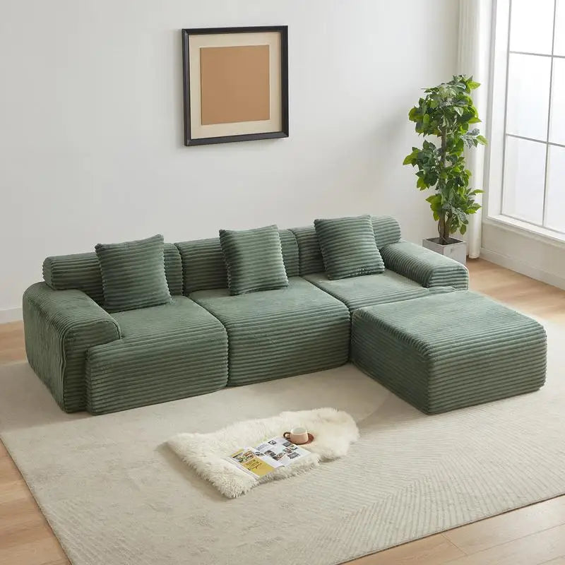 114-Inch Modular Corduroy Sofa, Featuring Inlaid Structure, 3 Throw Pillows, Wider Backrest, and 4 Configurable Modules for