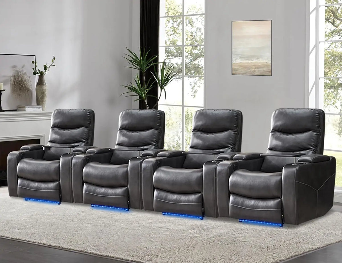 Power Recliner Chair With LED Light, USB Port, Cup Holder Tray Table Faux Leather Electric Reclining Chair Home Theater Seating