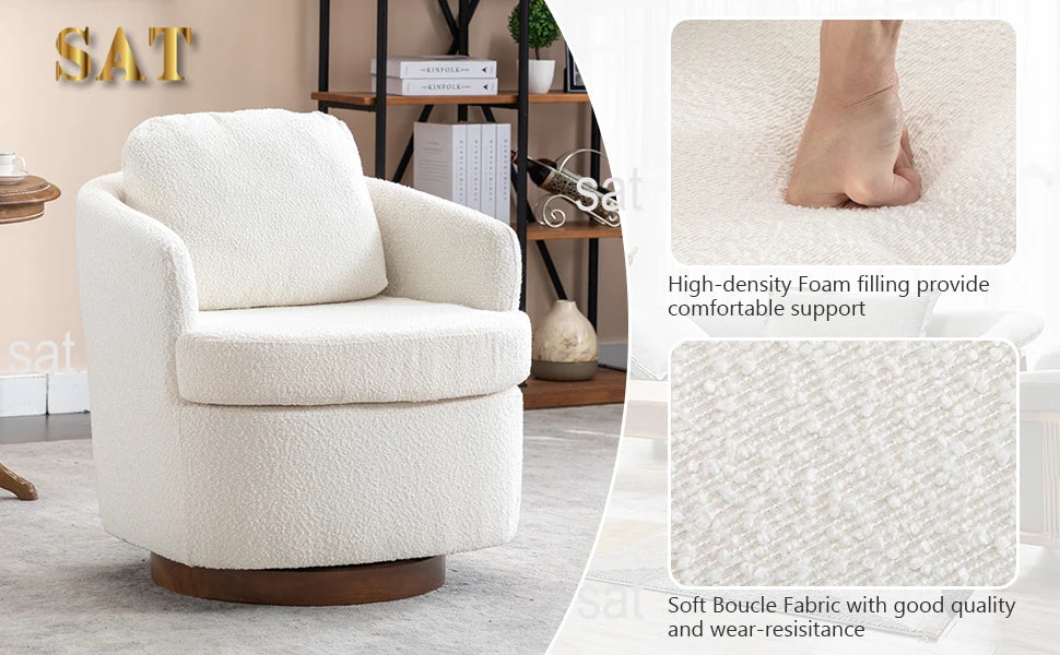 Hot Sales Hot Sales Modern Oversized Swivel Chair Boucle Sherpa Upholstered Barrel Armchair Wood Base White Accent Chair For Liv