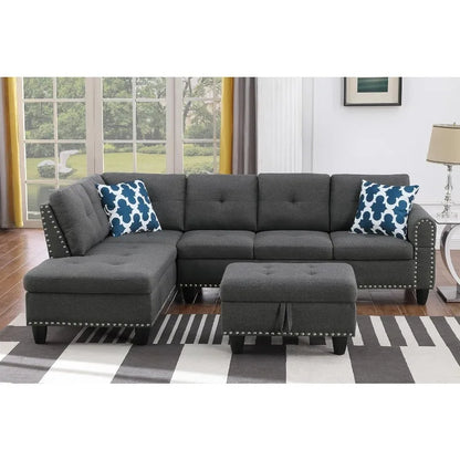 4-Seat Linen Sectional Sofa Set 3 Pieces with Cup Holders and Coffee Table for Home Office Dark Gray