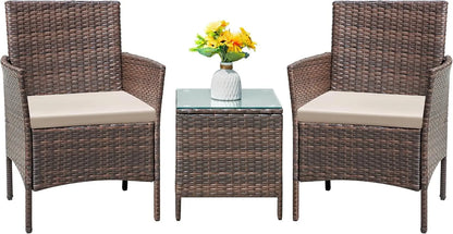 Set 3 Pieces All-Weather Rattan Outdoor Furniture Patio Chairs with Tempered Glass Table for Porch Bistro Balcony (Brown/Cream)