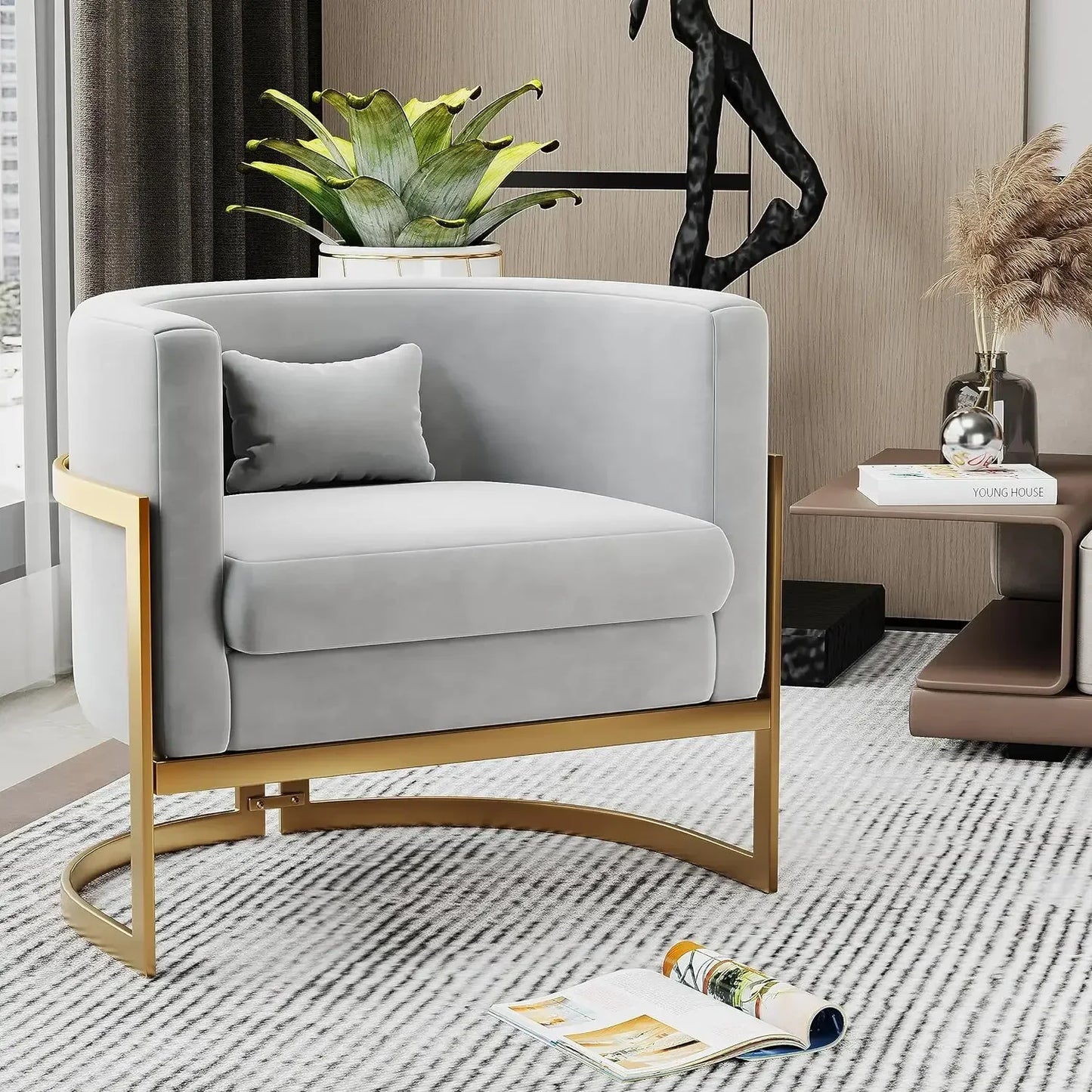 v Living Room Chair, Modern Gray Velvet Bucket Shaped Special Chair, Soft Padded Armchair, Bedroom Single Person Sofa