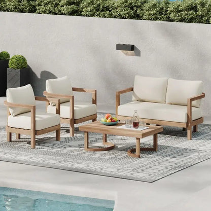 4-Piece Acacia Outdoor Furniture Set, Deep Seating Patio Conversation Set with Coffee Table and Soft Cushions, Ideal for
