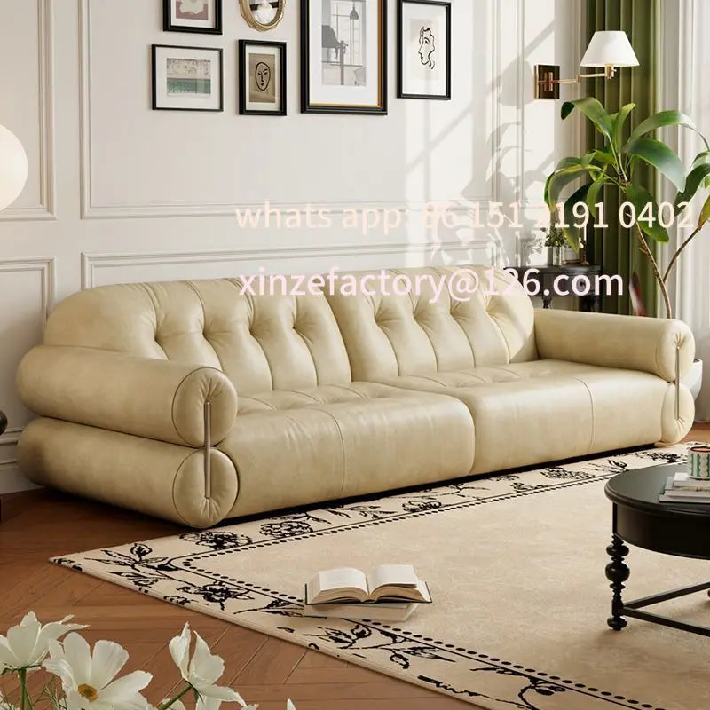 Customizable  leather sofa small apartment living room home apartment medium antique style old brown straight row French sofa