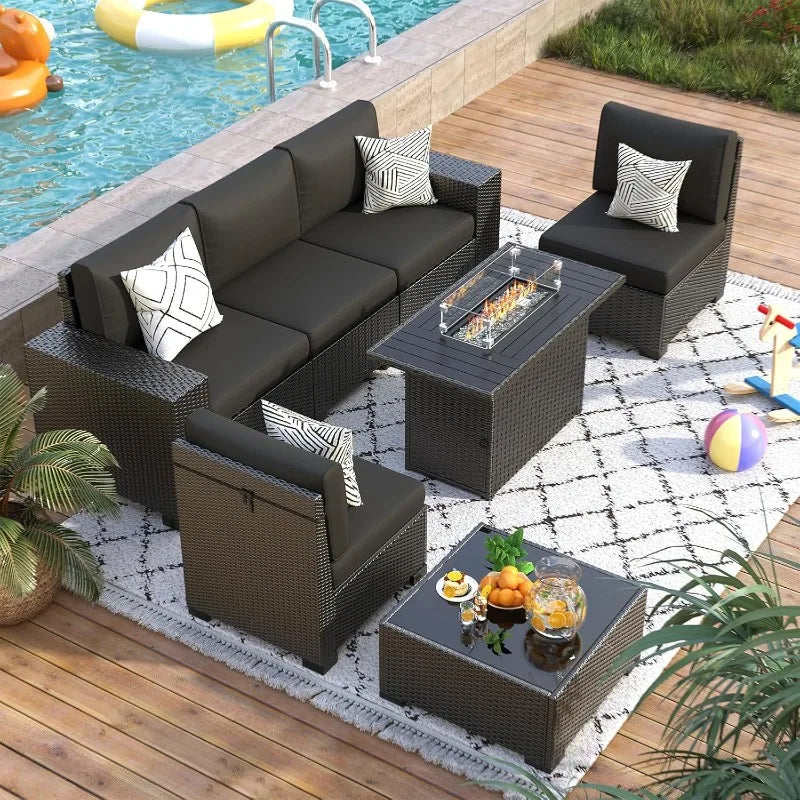 7 Piece Patio Furniture Set with Fire Pit Table, Outdoor Sectional Conversation Sets Black Wicker Rattan Sofa with Coffee Table