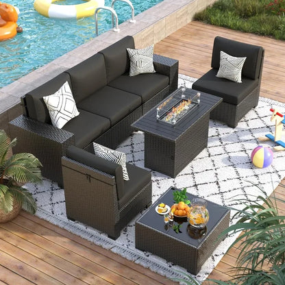 7 Piece Patio Furniture Set with Fire Pit Table, Outdoor Sectional Conversation Sets Black Wicker Rattan Sofa with Coffee Table