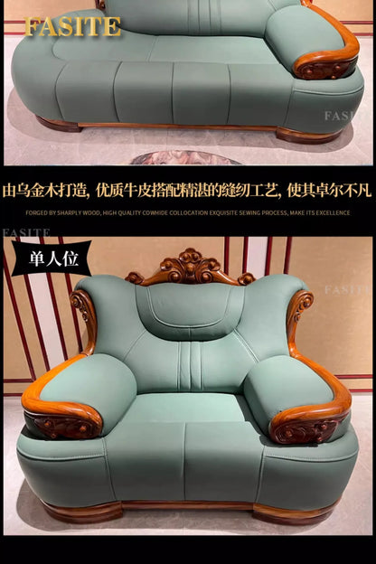New Chinese-style simple ebony leather sofa luxury villa living room size apartment solid wood furniture corner combination