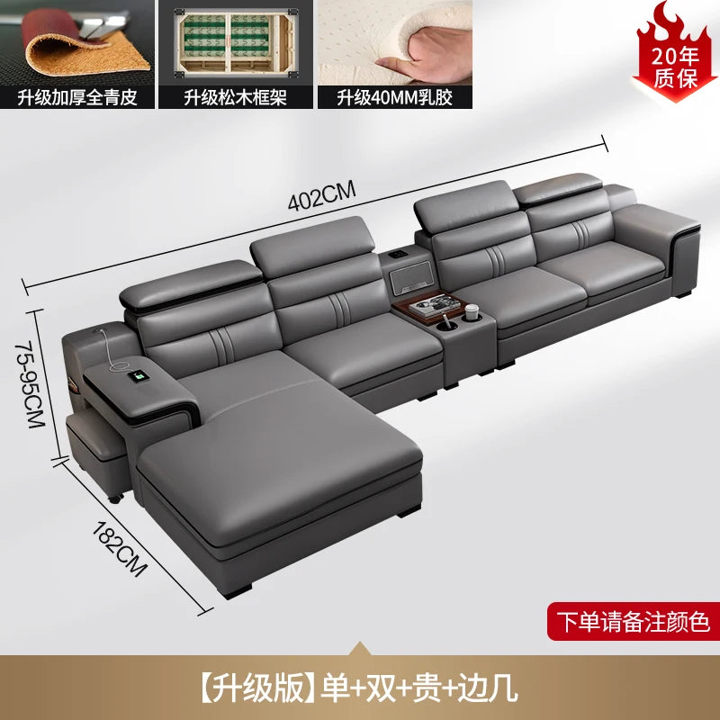 Genuine Leather Sofa Cowhide Modern Wireless Charging Smart Audio Sofa Living Room Corner Combination Divano Home Furniture