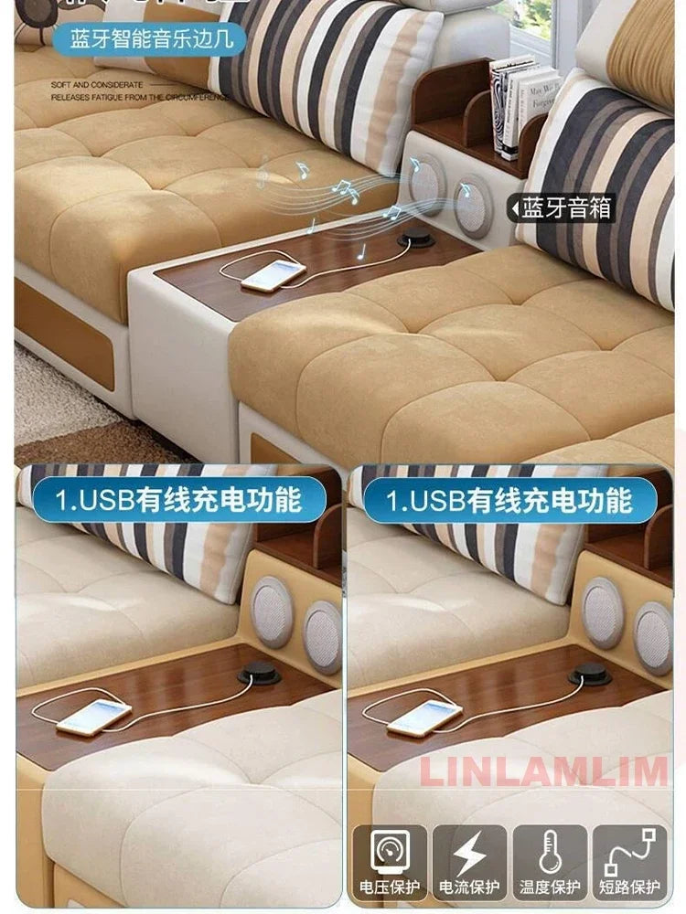 MANBAS U-Shaped Sectional Fabric Sofa Set - Modern Living Room Furniture with Storage, Built-in Side Tables, USB, and Cushions
