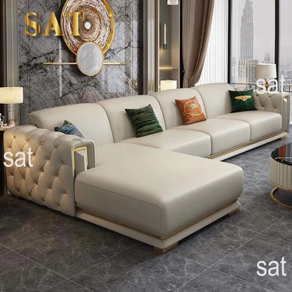 mHigh-end Stainless Steel And Titanium Edge Sofa Set Living Room Furniture Sponge Leather L Shape Sofas l