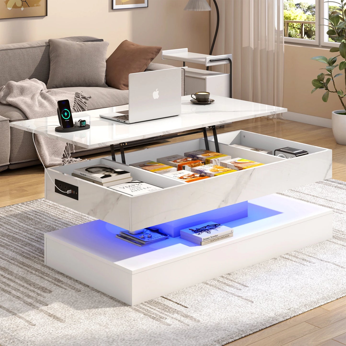 High Glossy LED Coffee Tables for Living Room, Center Table with Open Display Shelf & Large Storage Space, White Coffee Table