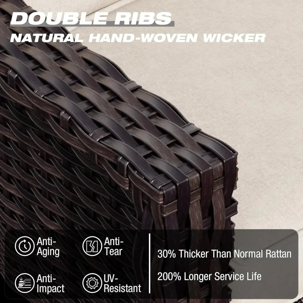 3-Piece Outdoor Patio Set with PE Rattan Sofa, Removable Cushions & Tempered Glass Table for Garden, Balcony