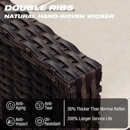 3-Piece Outdoor Patio Set with PE Rattan Sofa, Removable Cushions & Tempered Glass Table for Garden, Balcony