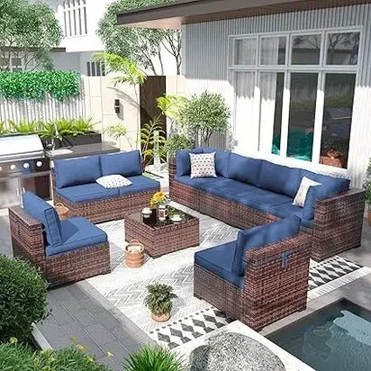 Patio Furniture Set Outdoor Modern Sectional  Wicker Couch with Glass Coffee Table, Thicken Cushions, Waterproof Cover