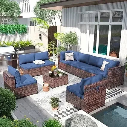 Patio Furniture Set Outdoor Modern Sectional  Wicker Couch with Glass Coffee Table, Thicken Cushions, Waterproof Cover