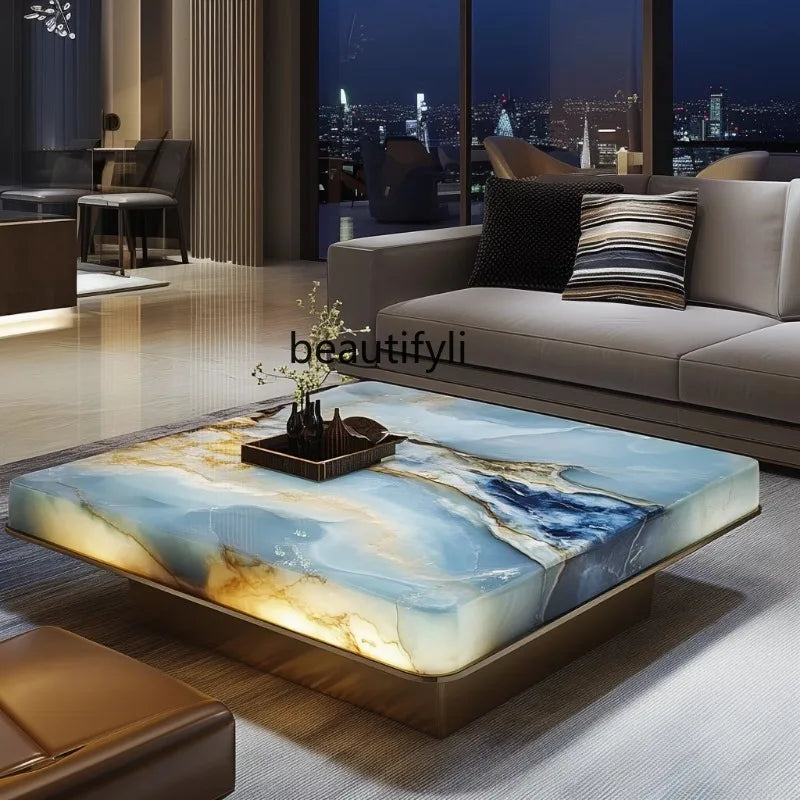 Natural marble new Chinese color luxury stone high-grade luminous jade living room minimalist villa square tea table