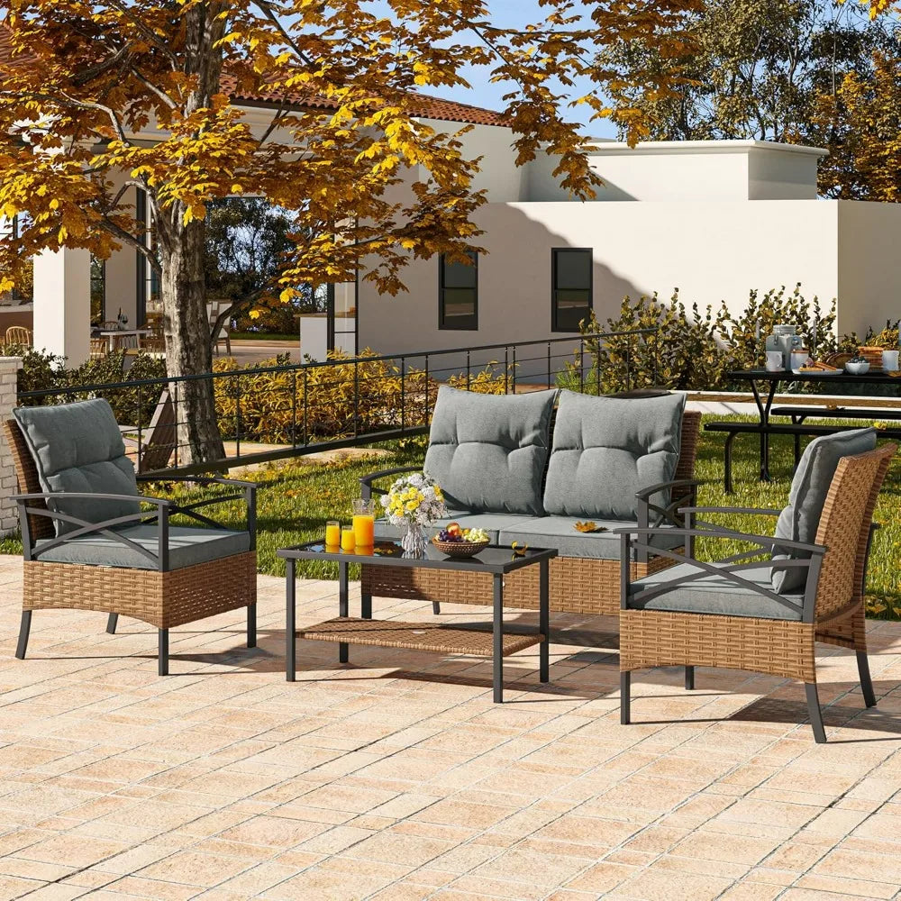 4-Piece Patio Furniture Wicker Outdoor Bistro Set, All-Weather Rattan Conversation Loveseat Chairs for Backyard, Balcony and De