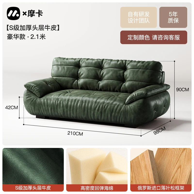 Color sofa American retro oil wax leather living room straight row small apartment brown