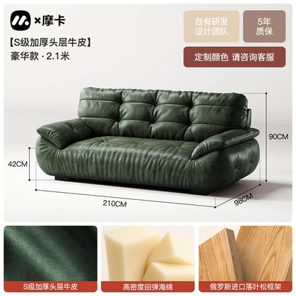 Color sofa American retro oil wax leather living room straight row small apartment brown