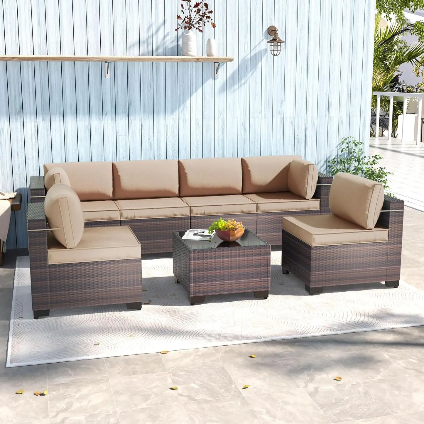 7 Pieces Outdoor Patio Furniture Sets,Wicker Conversation Set Sectional Sofa,Includes 6 All-Weather High Back PE, Customized