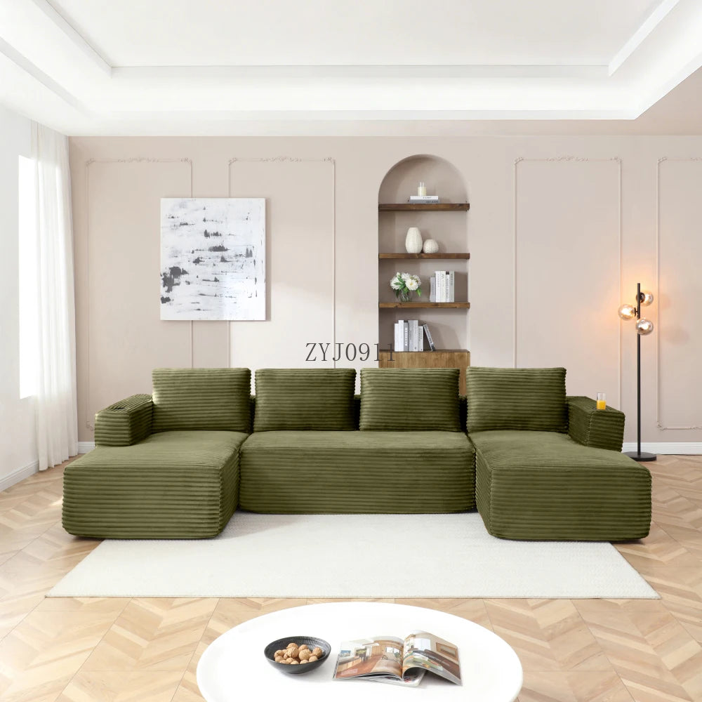 132-Inch boneless sofa, modern corduroy U-shaped modular section sofa, comfortable sofa with cup holder