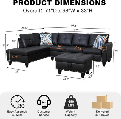 Sectional Sofa Couch, Modern 4-Seaters Living Room Furniture Sets with Chaise Lounge, Ottoman & 2 Pillows | L Shape Couch