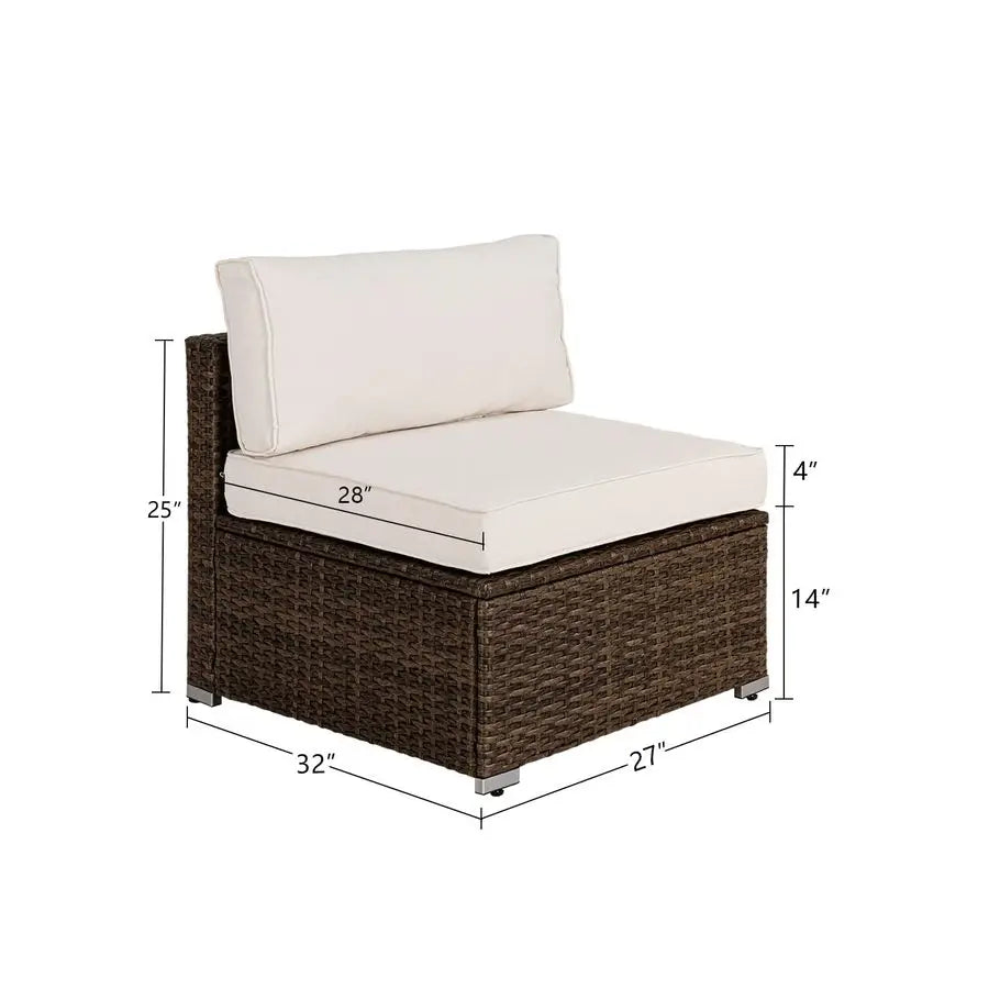 Outdoor Furniture Addon Armless Chair for Expanding Wicker Sectional Sofa Set w Off White Thick Cushions for Garden, Pool, Backy