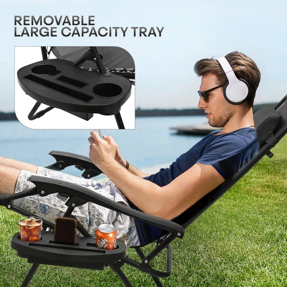 Zero Gravity Lounge Chair with Adjustable Pillow & Cup Holder, Reclining Outdoor Camping Chair for Beach Garden Patio - Black
