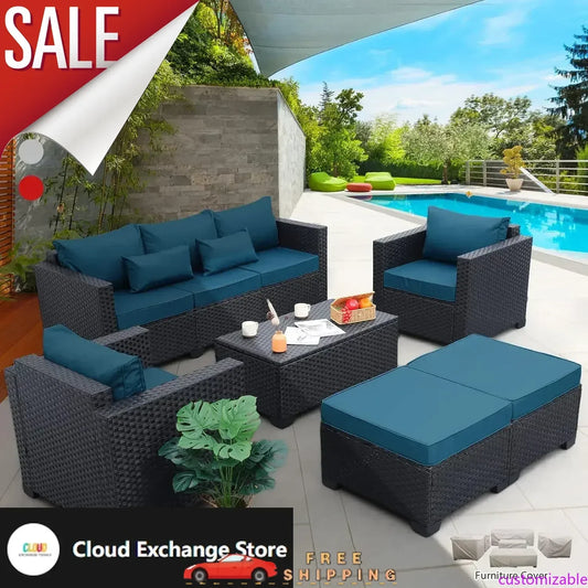 Customizable Patio Furniture Set 6 Pieces Couch Outdoor Chairs Coffee Table Peacock Blue Anti-Slip Cushions and Waterproof Cover