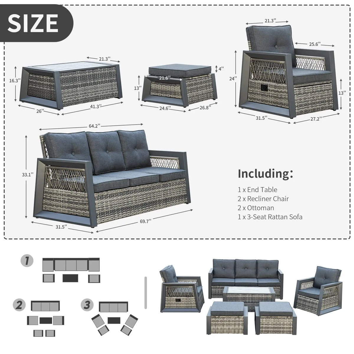 Aluminum Patio Furniture Modern Outdoor Sofa Rattan Garden Sofa with Storage Coffee Table (Grey)