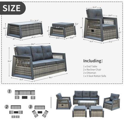 Aluminum Patio Furniture Modern Outdoor Sofa Rattan Garden Sofa with Storage Coffee Table (Grey)