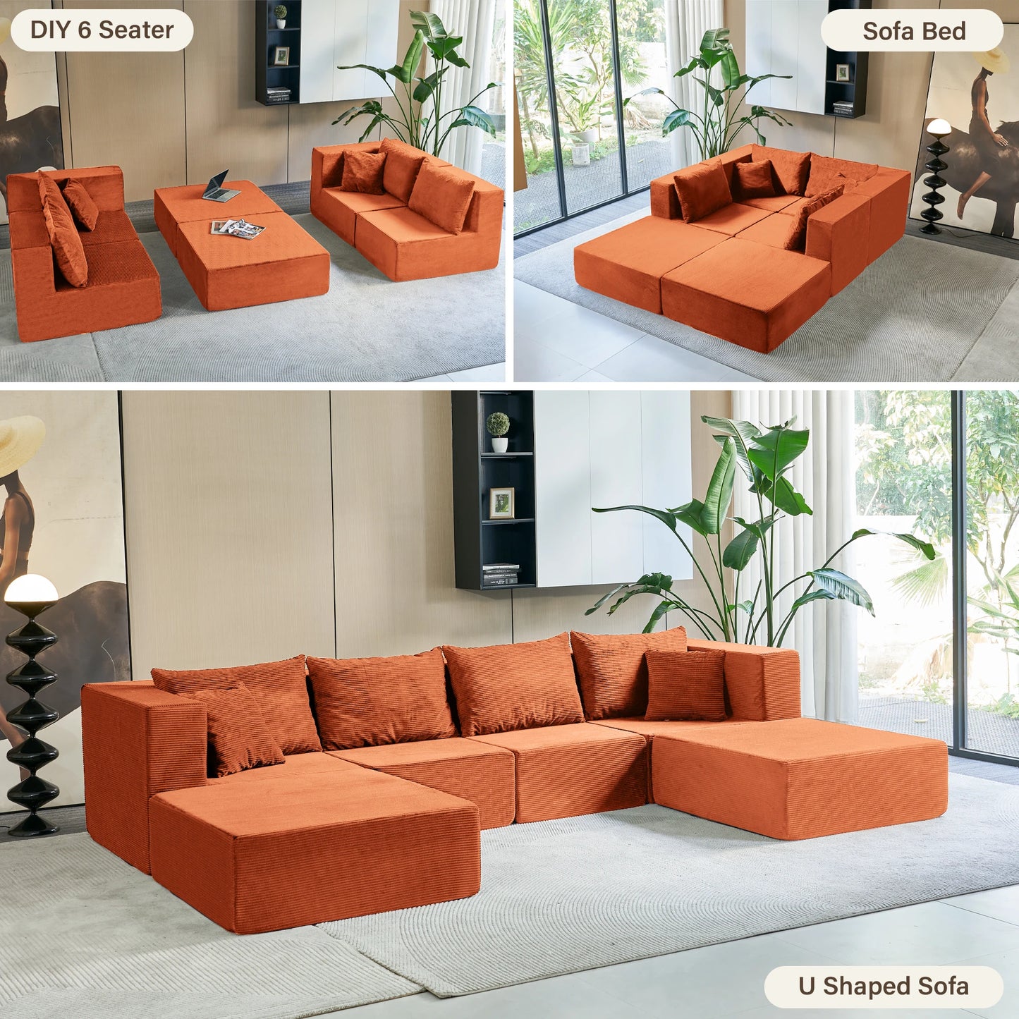 140" Modular Sectional Sofa Couches Corduroy Sleeper Deep Seat Sofa Bed, Comfy Cloud Couch for Living Room Floor Sofa, 6 Piece F
