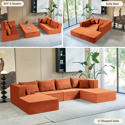 140" Modular Sectional Sofa Couches Corduroy Sleeper Deep Seat Sofa Bed, Comfy Cloud Couch for Living Room Floor Sofa, 6 Piece F