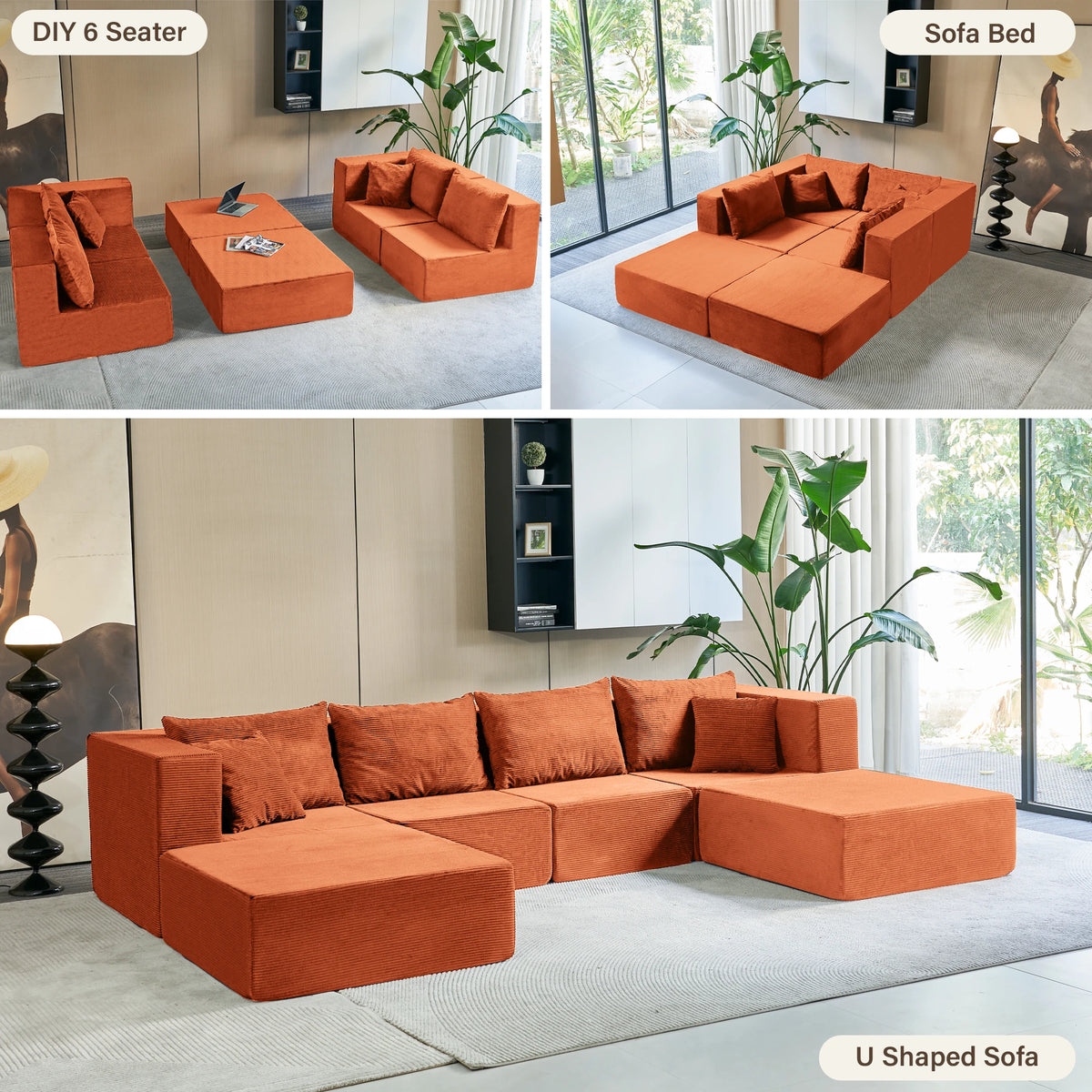 Modular Sectional Sofa Couches Corduroy Sleeper Deep Seat Sofa Bed, Comfy Cloud Couch for Living Room Floor Sofa, 6 Piece F