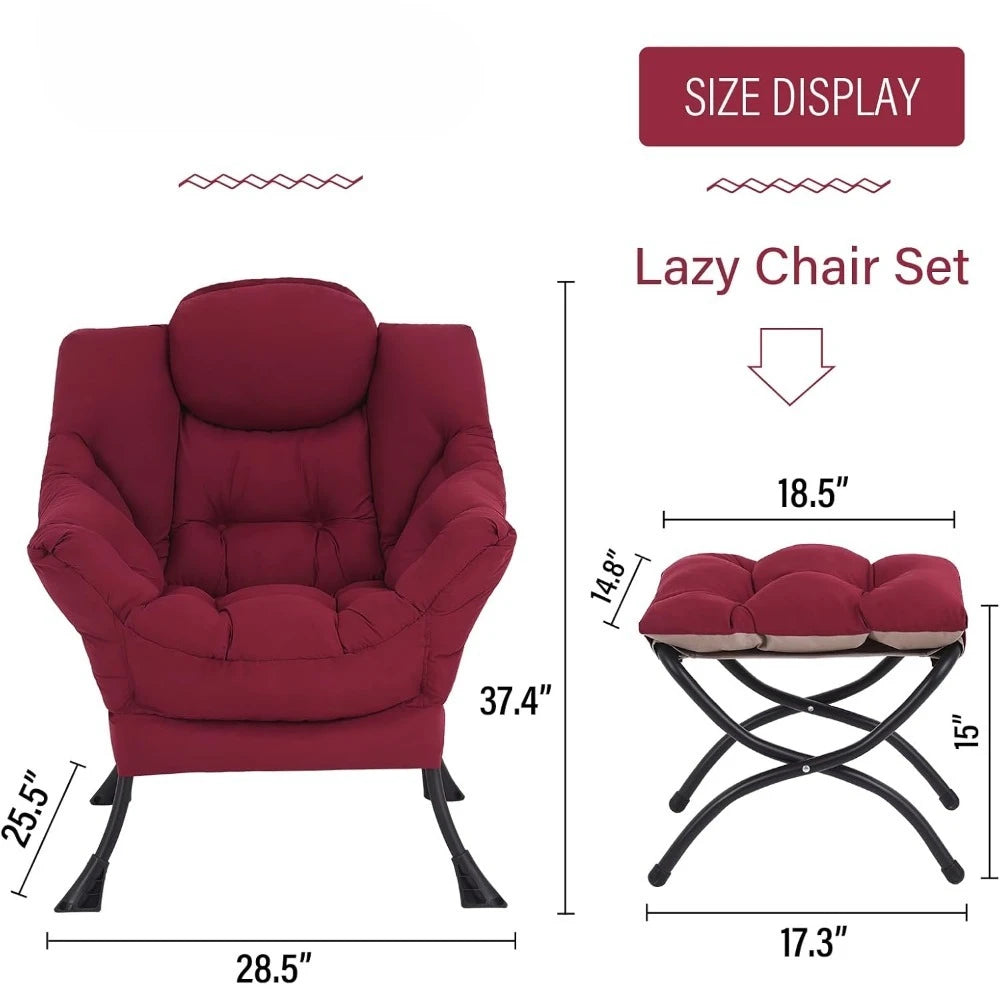 New Burgundy Lazy Chair with Ottoman, Modern Lounge Accent Chair with Armrests and a Side Pocket, Leisure Sofa Armchair - HOME