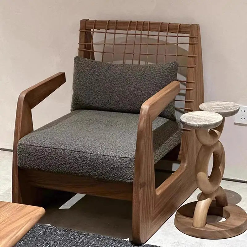 Medieval Style Solid Wood Rope Leisure Chair Retro Single Sofa Chair Wabi-sabi High-end Home Cafe Rattan Single Chair