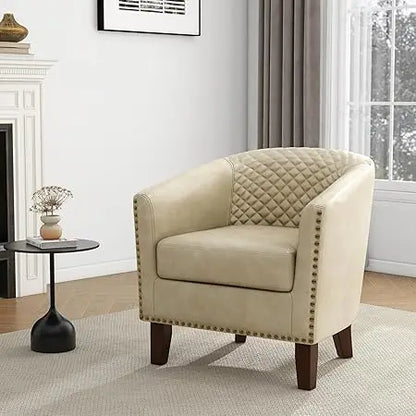 Modern Comfortable Round Arm Accent Chair for Living Room, Faux Leather Upholstered Club Chair, Bedroom Reading Chair