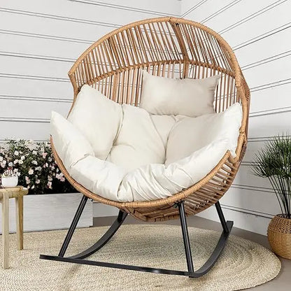 Wicker Egg Chair,Oversized Outdoor Indoor Rocking Chair,Large PE Rattan Rocking Chair with Cushion for Patio, Balcony, Backyard