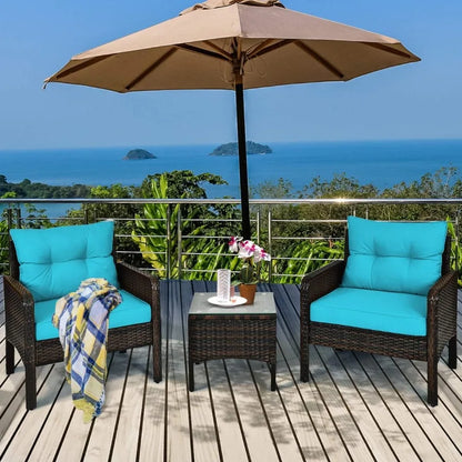 3 Piece Wicker Chairs with Glass Top Coffee Table Thick Cushions for Outdoor Patio Garden Lawn Poolside Backyard Porch