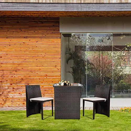 Wicker Bistro Set, 3 Piece Rattan Patio Furniture Set w/Tempered Glass Dining Table and Cushions, Conversation Bistro Sofa Set f