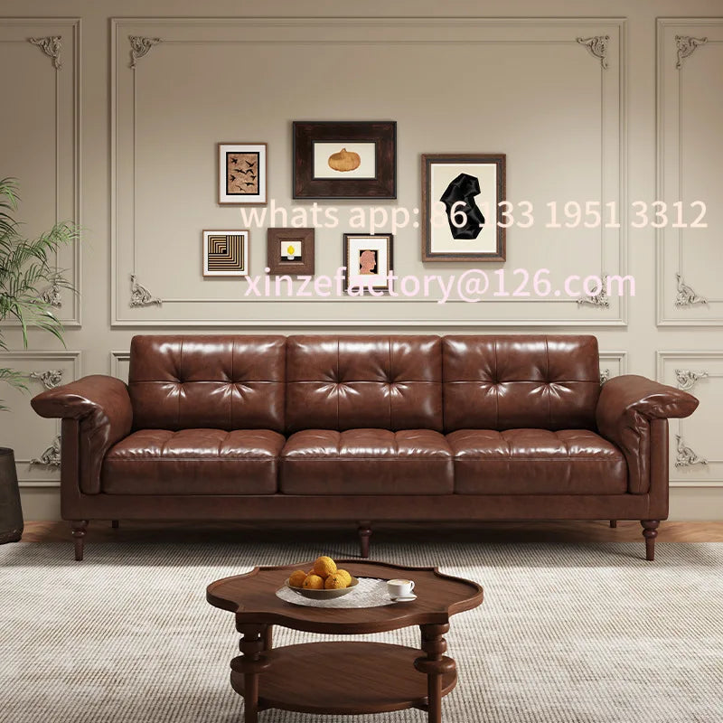 Customizable American sofa Italian retro oil wax leather straight row steel frame down medium ancient Nanyang style first layer