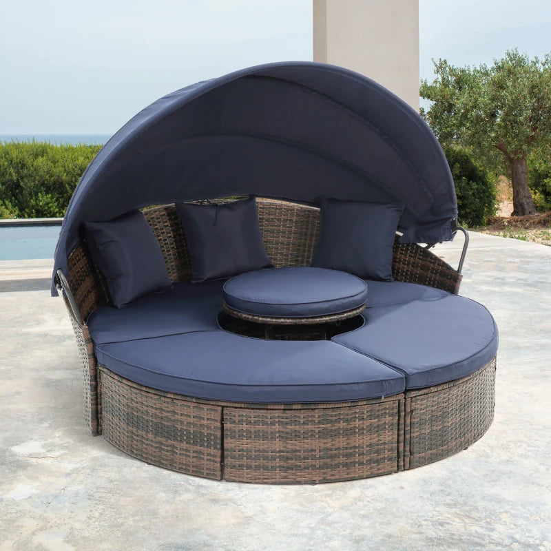 Round Lounge With Canopy Bali Canopy Bed Outdoor, Wicker Outdoor Sofa Bed with lift coffee table
