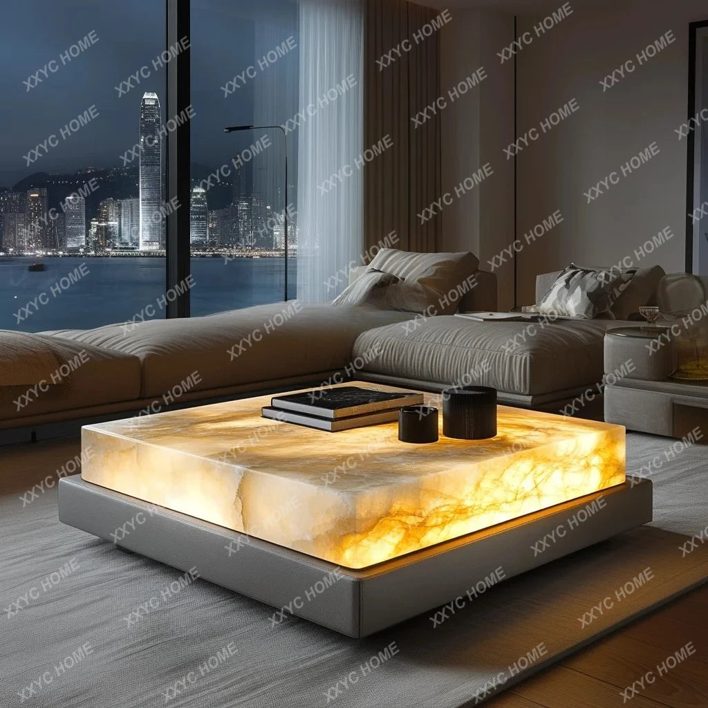 Square luxury stone leather luminous jade coffee table large flat-floor villa living room modern marble