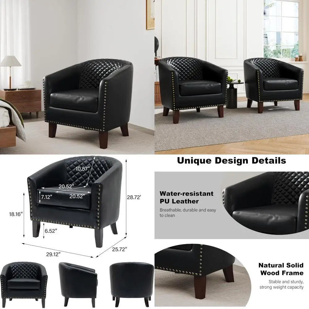 Upholstered Faux Leather Club Chair with Nailed Trim - Comfy Reading Armchair for Living Room and Bedroom Reception Area