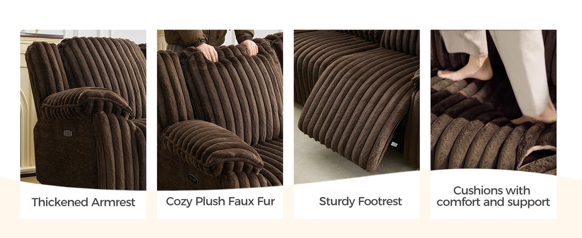 6 - Seater Power Reclining Living Room Sectional Sofa with Wireless Charger, Plush Faux Fur Couch with 2 Recliner