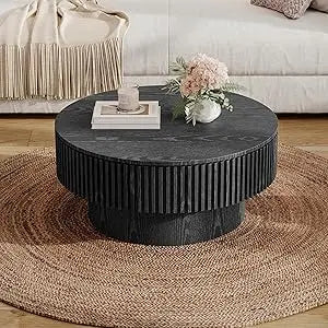 Round Coffee Table, Modern Black Side Table End Table for Living Room, Wood Circle Drum Coffee Table with Handcrafted Relief, Co