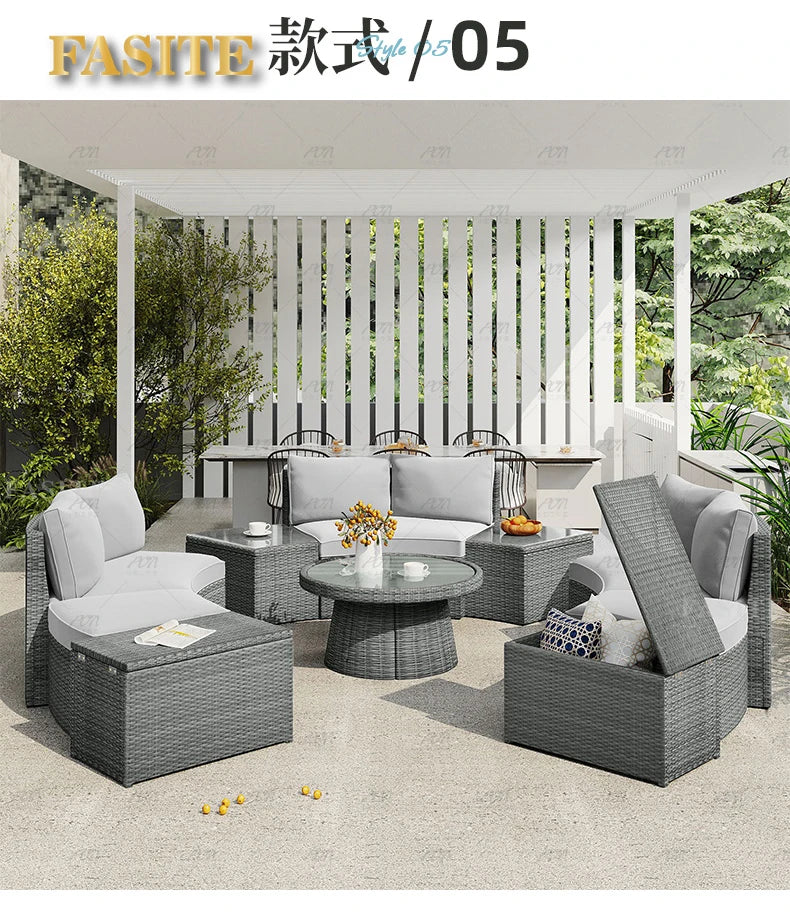 Sofa, courtyard, garden, leisure, outdoor living room, semi circular curved rattan chair, terrace, outdoor furniture combination