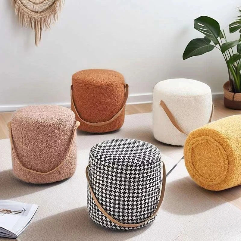 Lamb Velvet Round Stool for Living Room, Multi-Purpose Ottoman for Sofa & Coffee Table, Compact Home Decor Stool