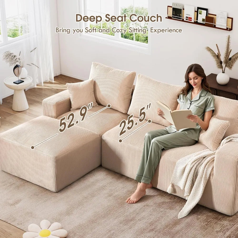 Modular Cloud Sectional Sofa, Comfort Height & Neck Pillow, Modern Corduroy Couch with L-Shape Oversized ChaiseCustomized