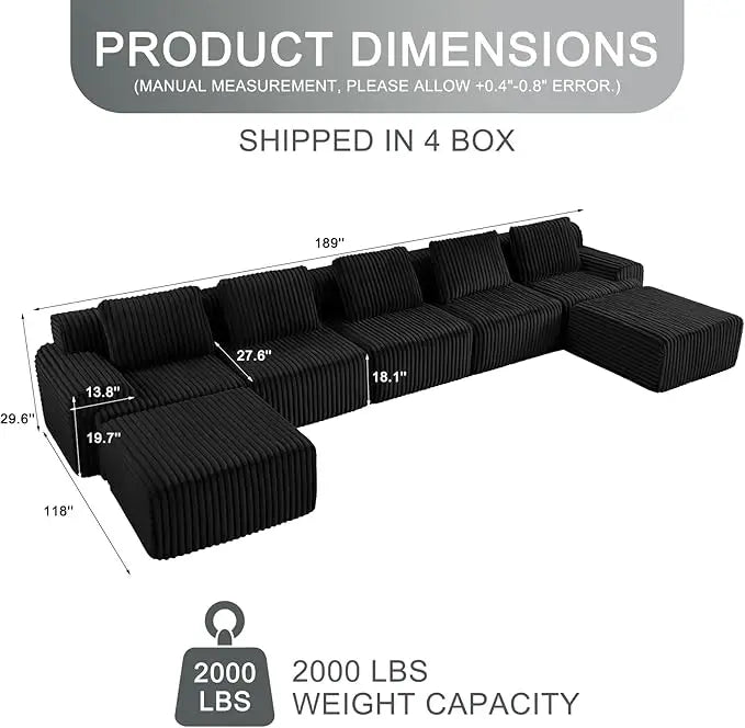 Boneless Luxury Couches for Living Room – Modular Sectional with Plush Corduroy Upholstery, Convertible Oversized No Assembly